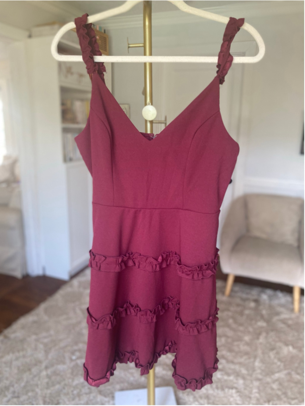 Altar’d State Burgundy Ruffle Mini Dress Coquette Romantic Party Cottagecore L - Picture 2 of 6